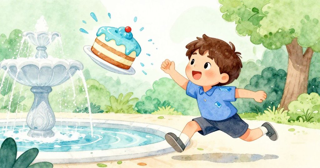 Milo在噴泉邊奮力接住滑動的蛋糕，藍色糖霜飛濺，低角度呈現他的英勇和緊張瞬間，展現轉折高潮。