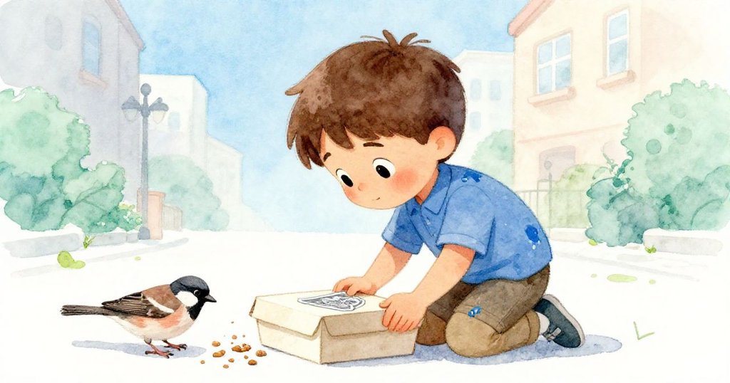 Milo低頭發現蛋糕盒下閃亮的銀色貼紙，麻雀在旁啄食麵包屑，背景中都市氣息溫馨呈現希望與轉捩瞬間。