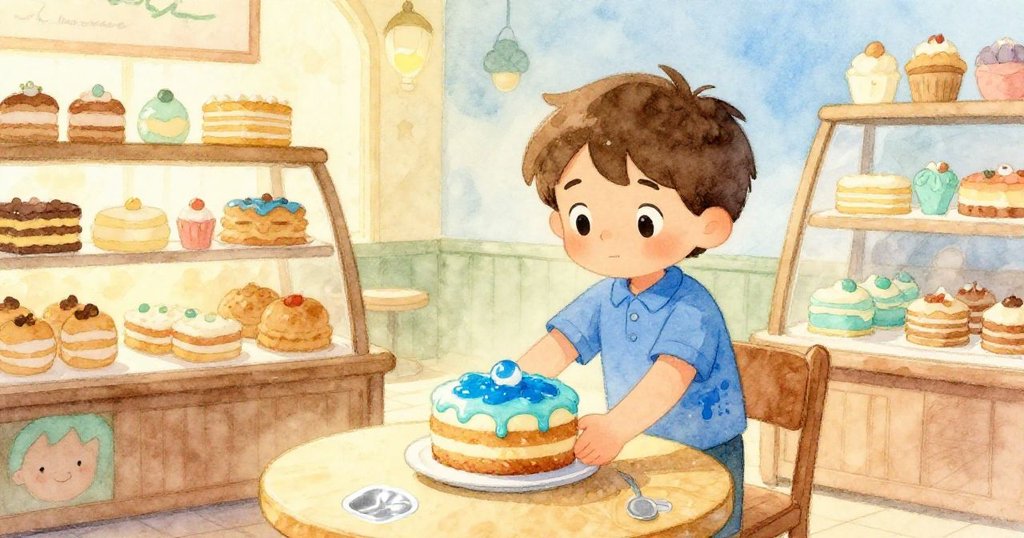 Milo在溫馨麵包店內將蛋糕小心放在桌上，藍色果醬與閃爍銀貼紙映出柔和光芒，展現平和歡喜的結局。