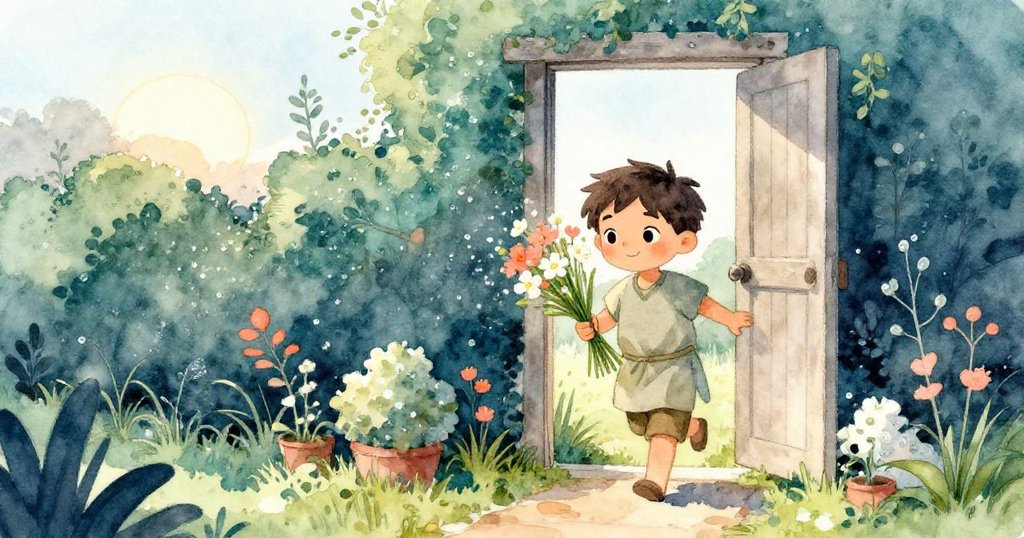 馬可在清晨從家門走出，手持綁著花束，背景有晨光與露珠，臉上滿懷期待與開心。