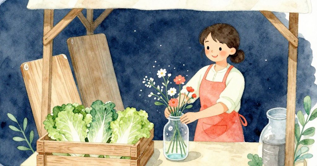 市場中隱秘角落展現賣菜攤位，攤主溫柔將濕花插入高瓶，周圍有木板、菜箱，充滿溫馨氣氛。