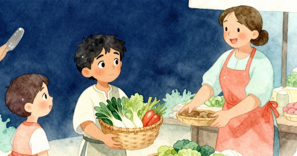 市場鈴聲響起，攤主微笑將滿籃新鮮蔬菜交給馬可，眾人圍攤，其樂融融，結局溫暖感人。