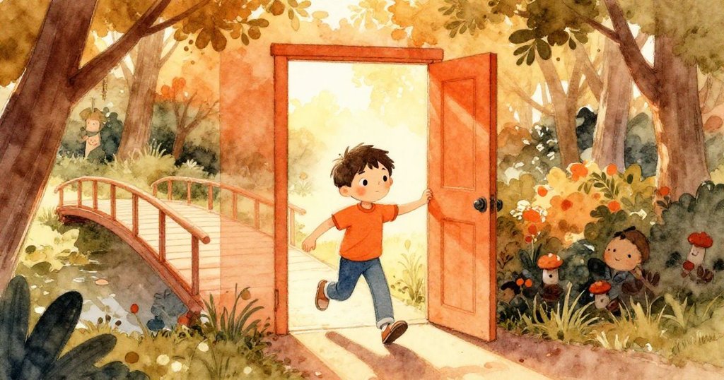 山姆手持鞋盒，從家門邊走向公園腳橋，臉上洋溢著期待與興奮，晨光溫暖展現旅程開始。