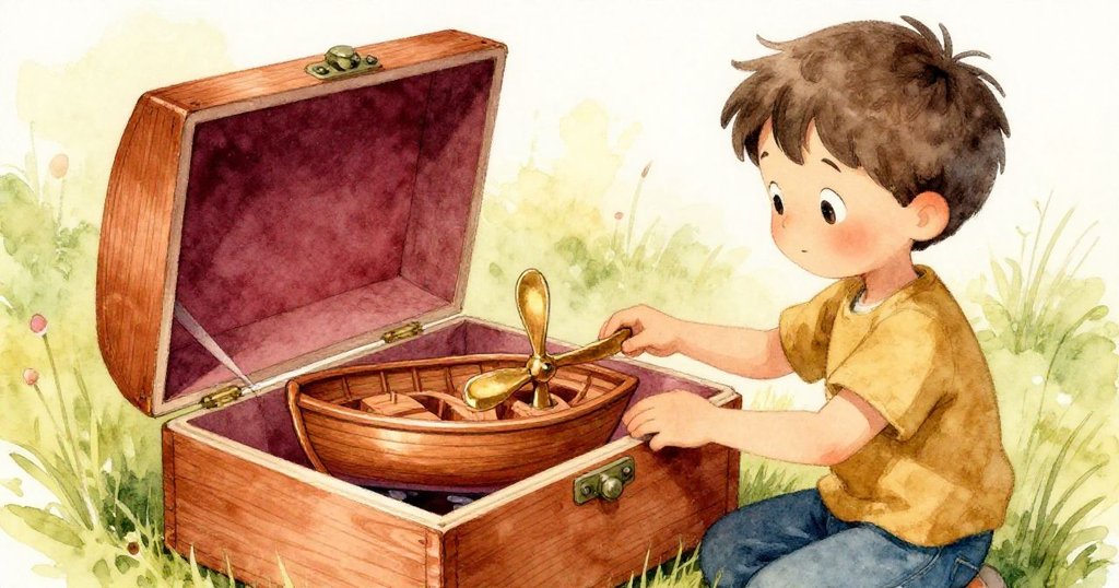 山姆細心打開鞋盒，檢查精緻木船與銅螺旋桿，神情專注充滿夢想，光影柔和映照自然。