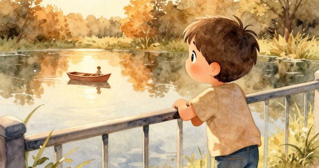 山姆透過玻璃欄杆凝視平靜池塘，船影與晨曦交織，他眼中滿是希望與夢想的光芒。