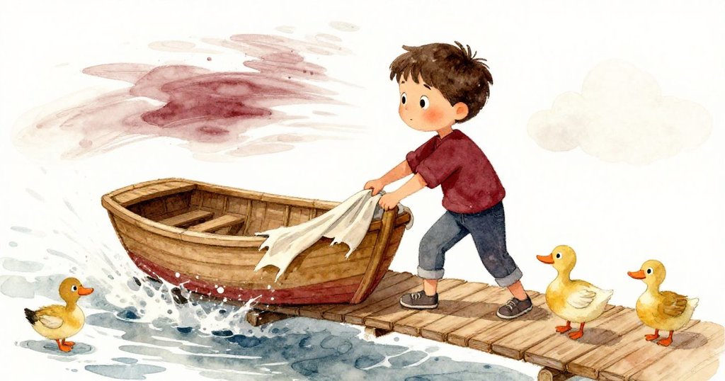 中橋上，山姆急忙調整繩子固定小船船舵，面露緊張與決心，鴨子圍觀風中情景。