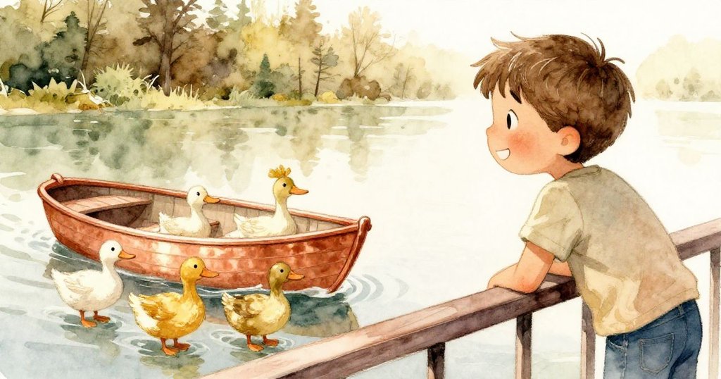 山姆靠在欄杆上欣賞穩定行進的小船，與圍繞鴨子共享成功喜悅，表情從緊張轉為滿足。