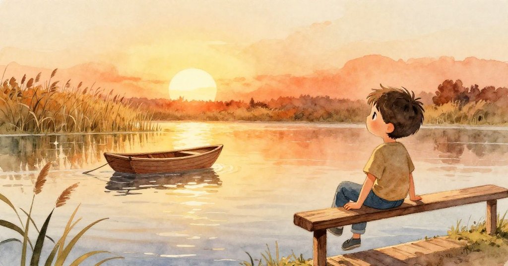 夕陽下，山姆安坐欄杆觀賞小船順流向遠處蘆葦，池塘閃耀光芒，畫面溫暖平靜完美結局。