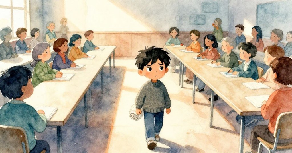 Kai走進充滿陽光的社區大廳，背景有整齊桌子與來賓，臉上帶著期待與專注的表情，場景溫暖明亮。