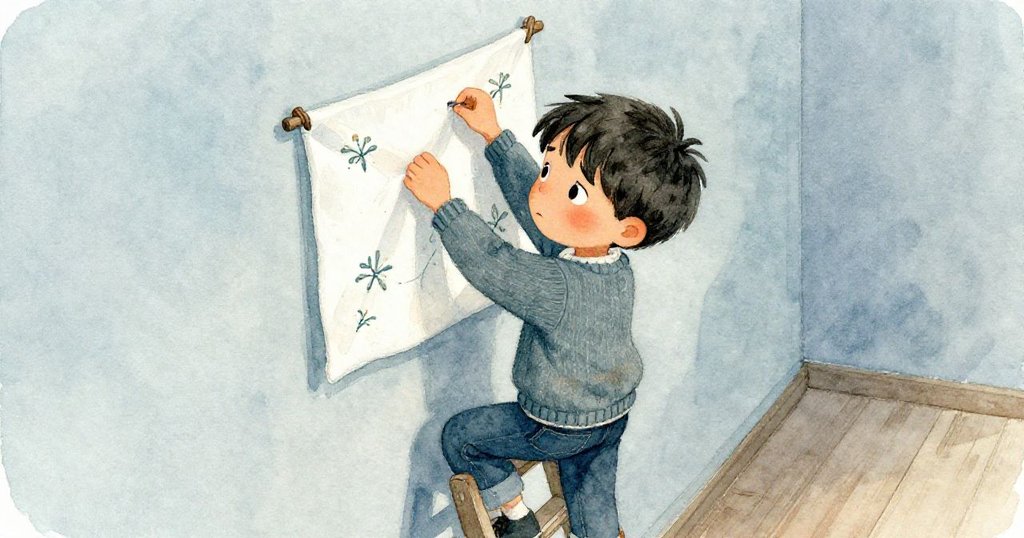 從上方望下，Kai在狹窄梯子上固定繡有楓葉的布料，神情專注而緊張，背景為室內牆面與柔光照射。