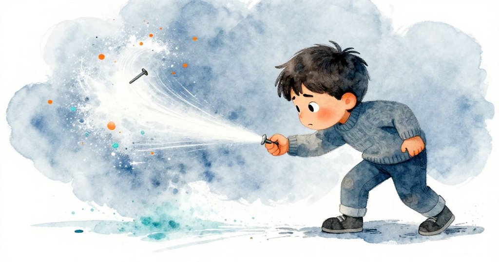 動態畫面中，Kai俯身追趕彈跳的釘子與散飛的粉筆灰，畫面運動感十足，充滿童趣與活力。