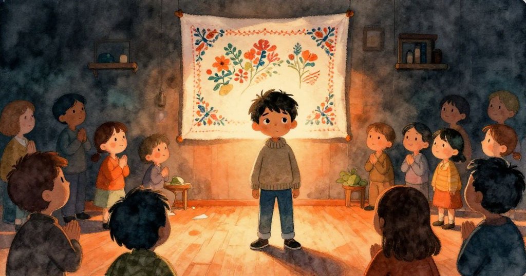 夜色中，Kai自信地站在穩固懸掛的布料前，社區居民圍聚致謝，溫暖燈光映襯出堅定與安心的情感。