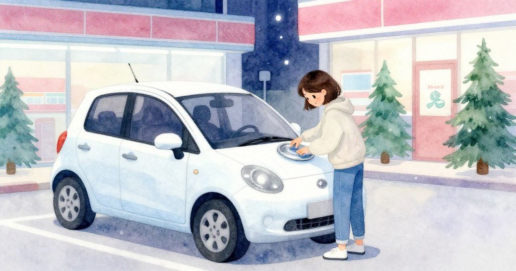 Maya在半明便利商店旁輕柔清理金屬牌，夜色寧靜中透露期待與專注，場景散發柔和霓虹光。