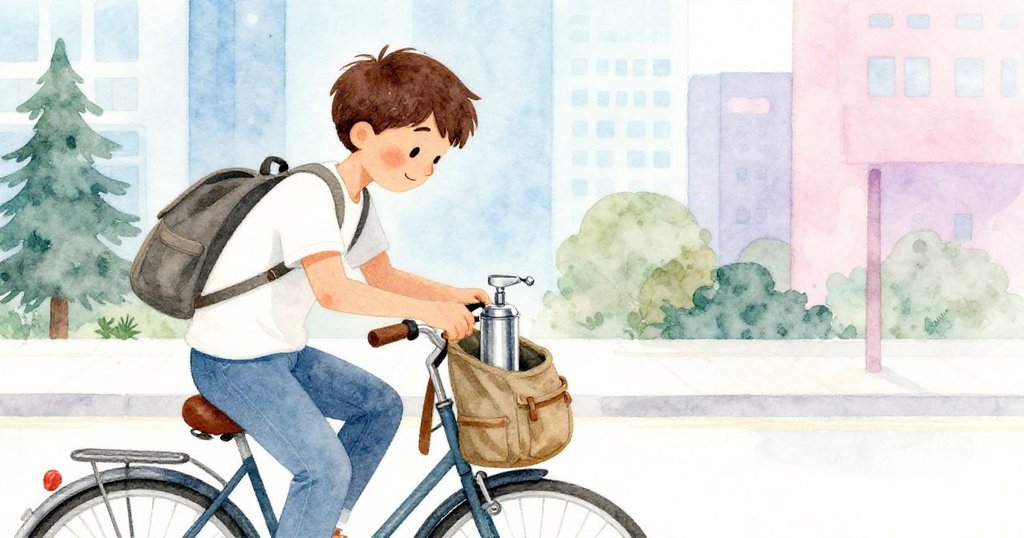 陌生人騎自行車靠近Maya，溫暖晨光下打開帆布背包取出閃亮手動打氣筒，情境充滿友好互助。