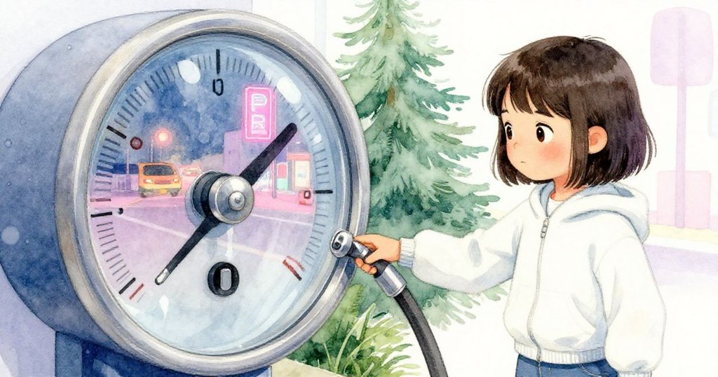 Maya專注調整打氣筒指針，玻璃罩反射霓虹光，細節特寫展現她安心與認真的面容。