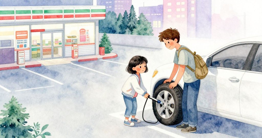 從高處俯瞰停車場與便利商店，Maya和陌生人協作調整輪胎，城市景致和霓虹燈交織出溫暖場面。