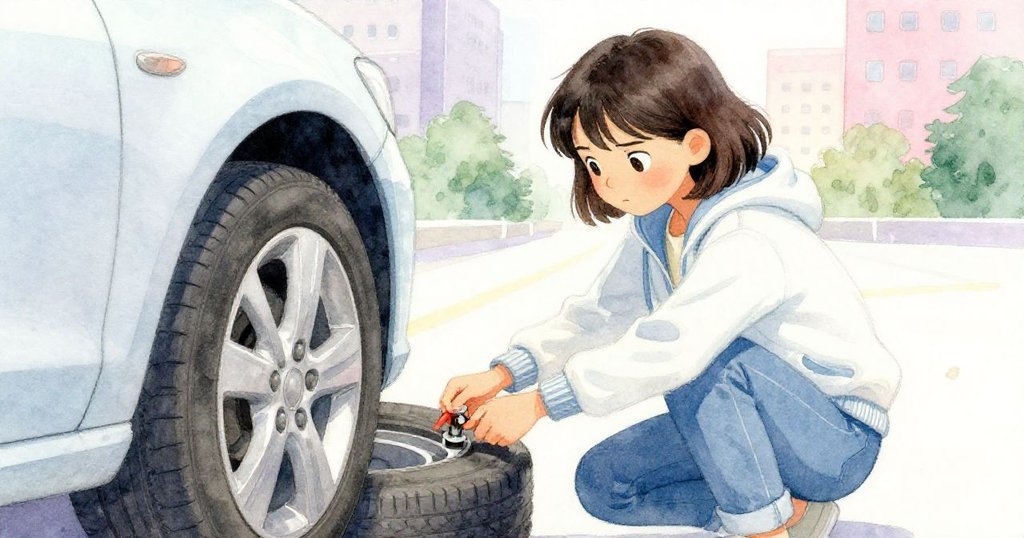 Maya蹲下專注調整過充氣輪胎，用拇指按住氣門芯，臉上露出倔強與焦急，環境柔和晨光映照。