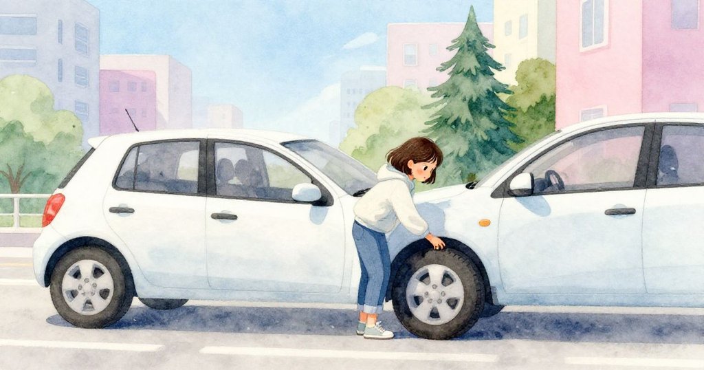 Maya整理好工具並啟動汽車，面帶希望在晨光中展望新起點，停車場和城市早晨景致清晰。