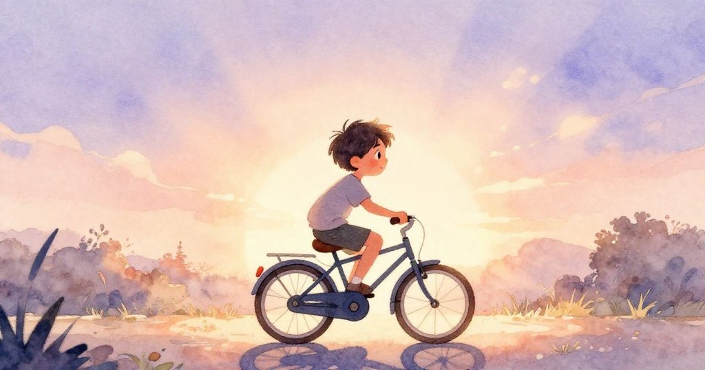 班在晴朗的早晨騎著自行車，背景呈現金色晨光和薄霧，展現出期待與淡淡憂愁的情緒。