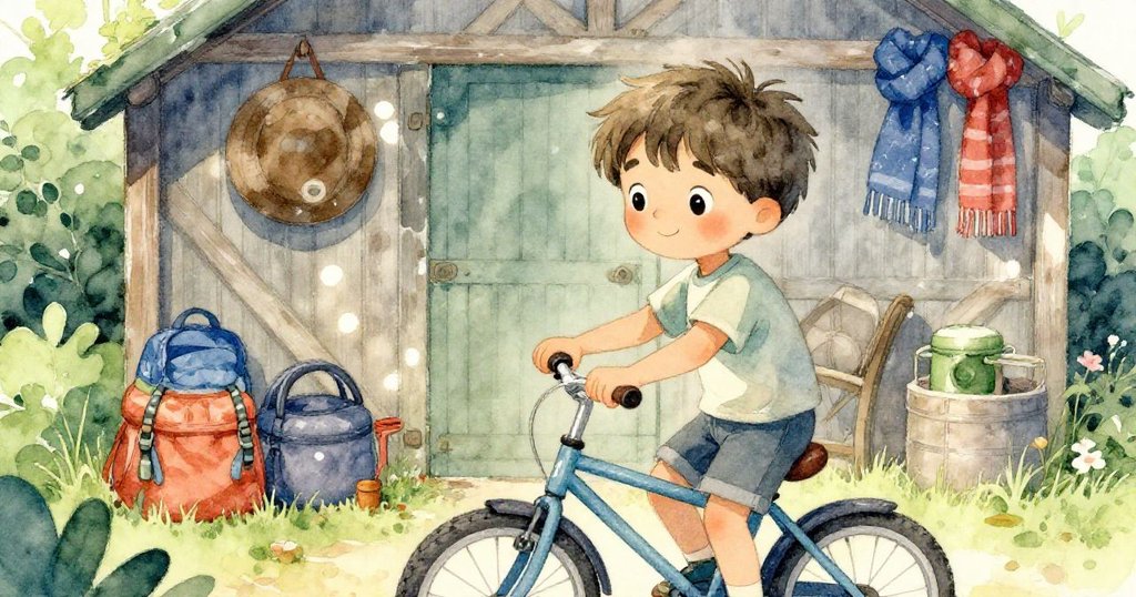 班在花園小屋內嘗試用口袋打氣器，旁邊擺放著露營用品與厚冬圍巾，神情中帶著堅定和輕微的失落。