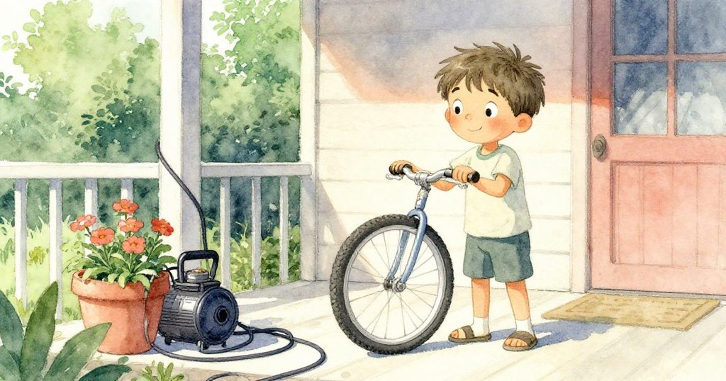 班在鄰居門廊上手持車輪與電動壓縮機，發現電線纏繞在花盆上，神情謹慎且充滿求解之意。