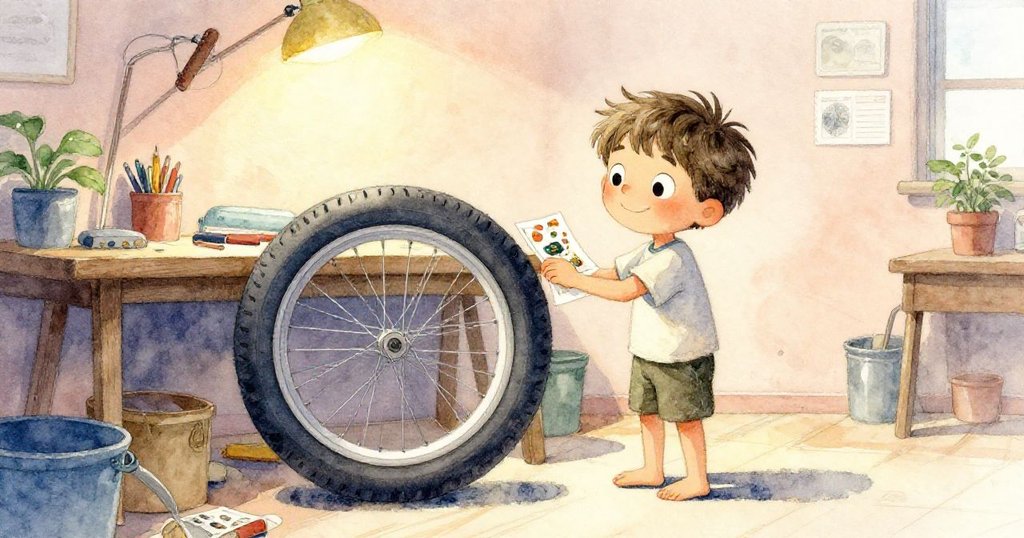 班在溫暖工作間坐於工具桌前，成功為車輪充氣，旁邊擺著珍藏的明信片，臉上露出解脫與懷舊的微笑。