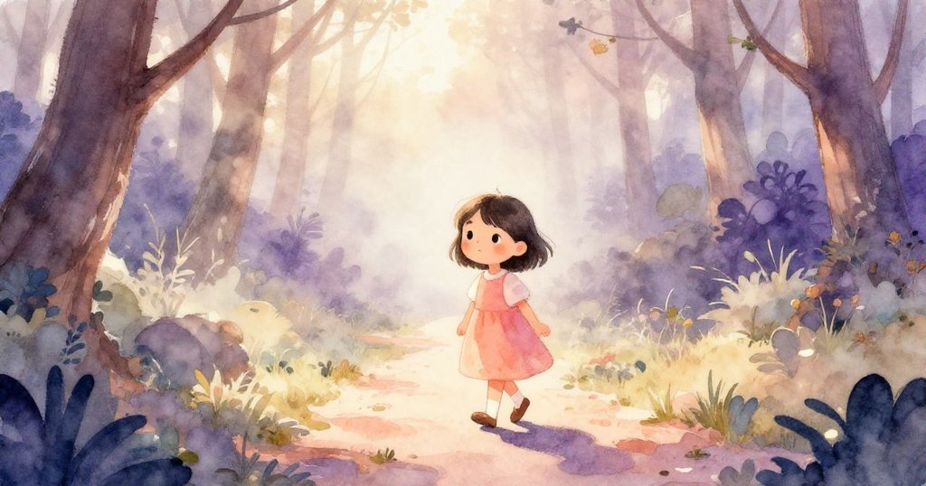 麗拉在晨霧籠罩的森林小徑上輕快散步，眼含期待與好奇，背景樹影朦朧，展現冒險起始的寧靜美景。