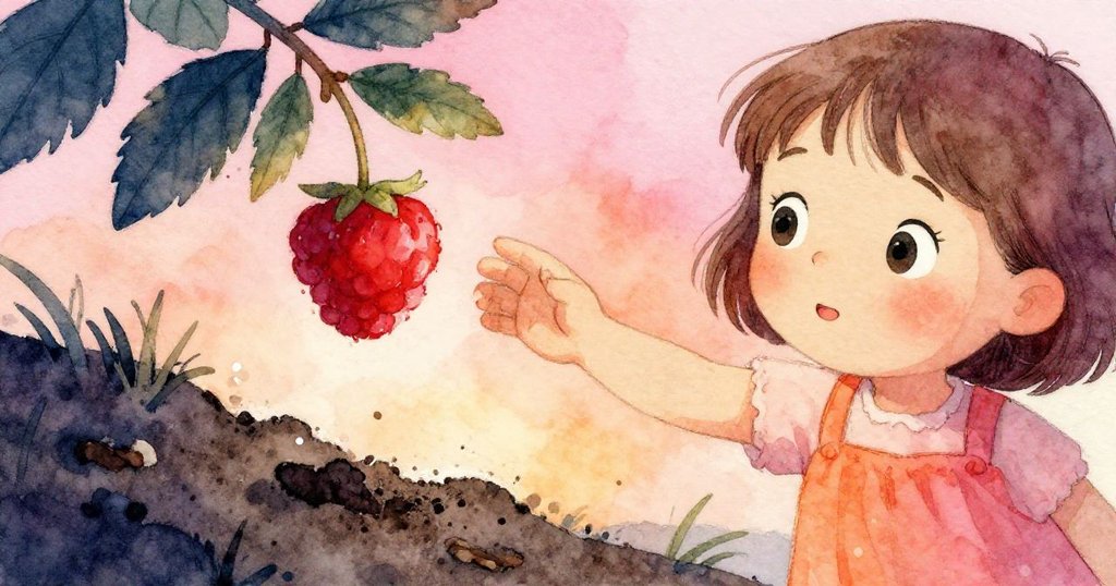 麗拉伸手準備摘取懸掛於粗糙泥土旁的紅莓，手指輕觸果實，充滿好奇與期待，細節生動。