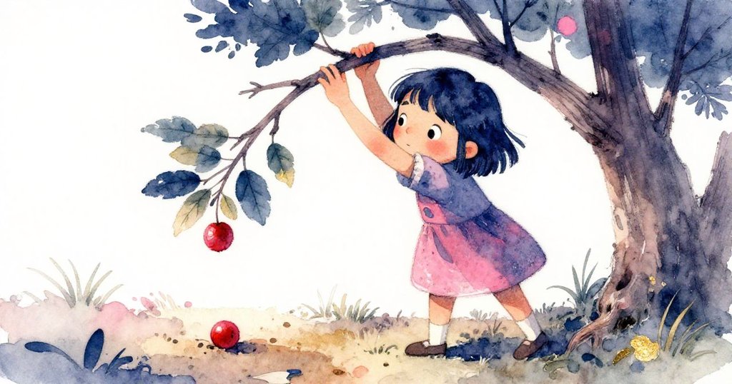 麗拉蹲下調整步伐時，粗枝低垂，一顆紅莓脫落落在乾燥地面上，意外瞬間透露出轉折驚喜。