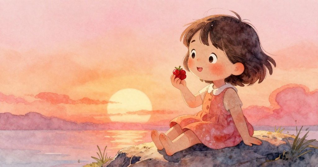 麗拉坐在平石上，滿懷喜悅地捧起剛落下的紅莓，夕陽餘暉映照著臉龐，情感豐富溫馨。