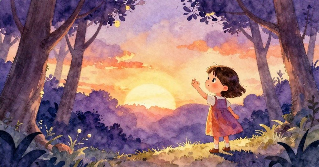 麗拉站在夕陽映照的森林邊緣揮手告別，溫暖色調與柔和光影中傳達出對大自然的不捨與感激。