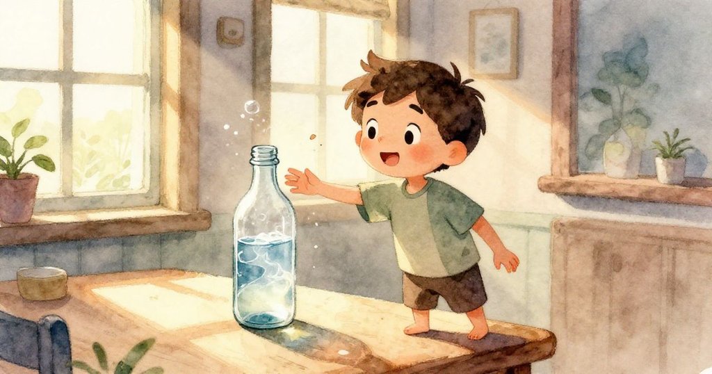 微風吹動桌上瓶子，清涼水流旋轉反光，室內氛圍輕快活潑，帶著冬日清新感。