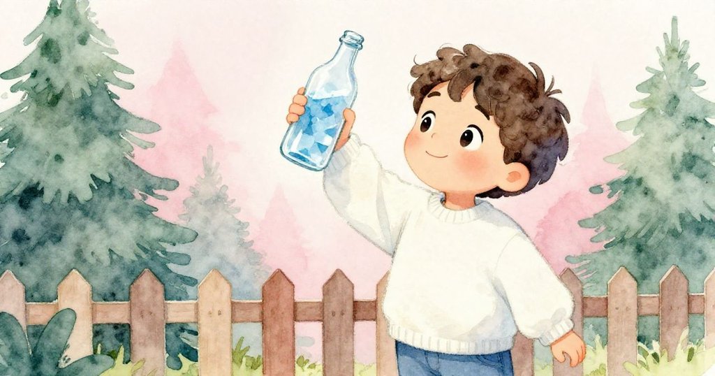 冒險後米洛高舉瓶子，低矮欄杆旁靜止落定，情緒轉為平和滿足，故事溫馨結束。