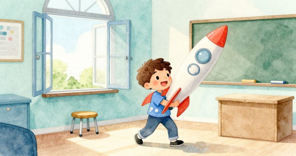 歐文提著大型模型火箭進入明亮俱樂部房間,透過敞開窗戶的自然光線映出空間活力,充滿期待與探索感。