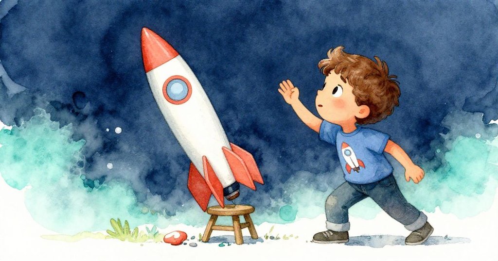 低角度視角下,歐文注視搖晃凳子上傾斜的火箭與掉落的書本,畫面充滿驚訝與緊迫感。