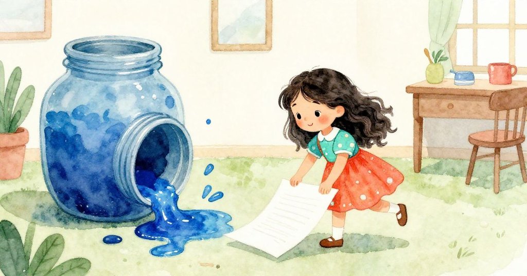 在俱樂部室內近門角落,一個高油漆罐撞碎灑出藍色油漆,米婭迅速鋪上報紙,畫面忙碌中帶著秋日柔和光影。