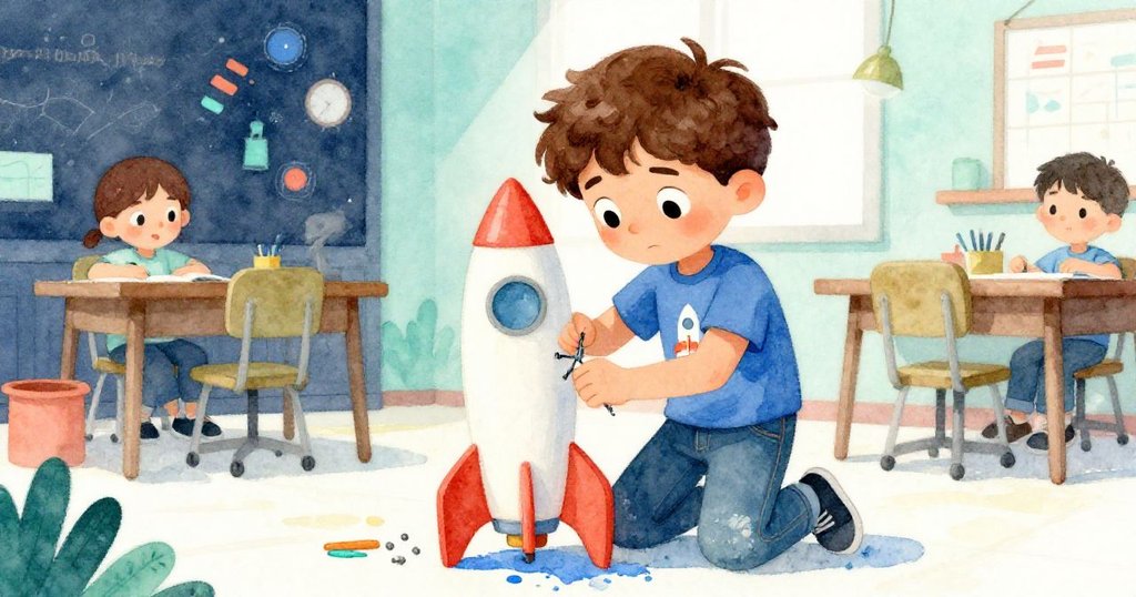 歐文面帶堅定與擔憂,藍色油漆濺在鞋上,他彎腰緊固火箭螺絲,展示意志力與忙亂修復情景。