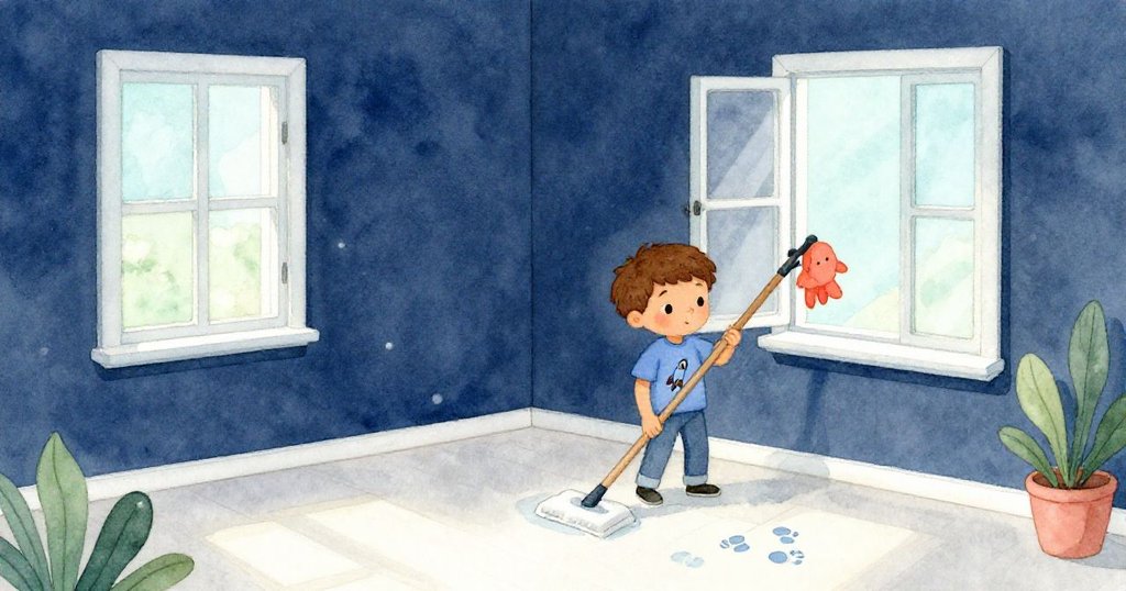 歐文用拖把清理地板並關閉窗戶,藍色腳印靜靜留在地上,畫面從混亂過渡到平靜,呈現溫馨告別感。