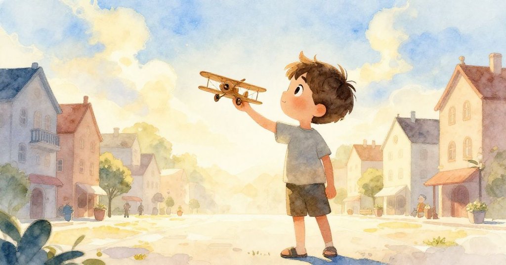 在晨金色的鎮廣場中，Milo手持小木飛機，其剪影映襯著輕柔雲朵，眼中滿懷夢想與決心，充滿希望。