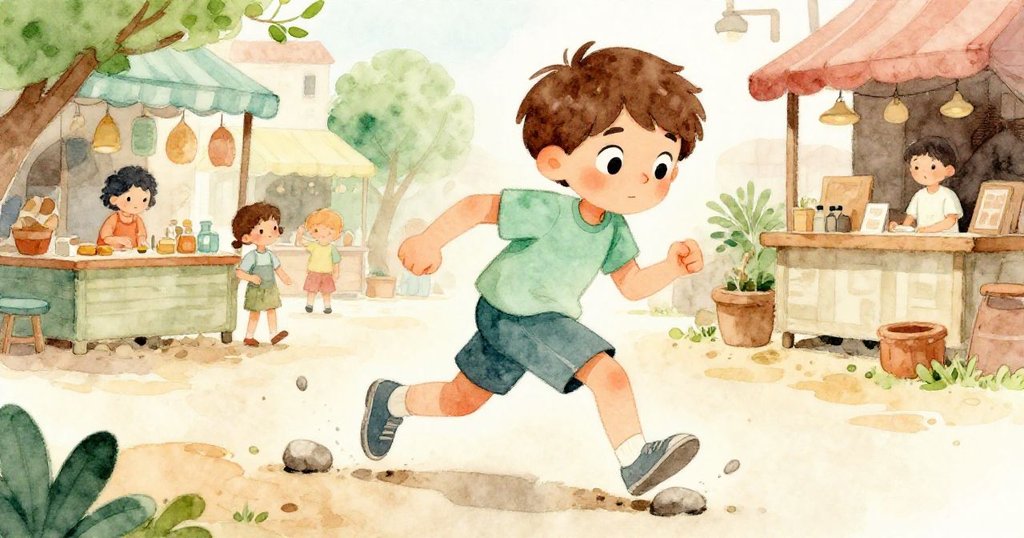 Milo在熱鬧的市場中，小心翼翼跨步踩著不平石子，周圍擺攤和擺動籃子襯托出他堅定而充滿冒險精神的步伐。