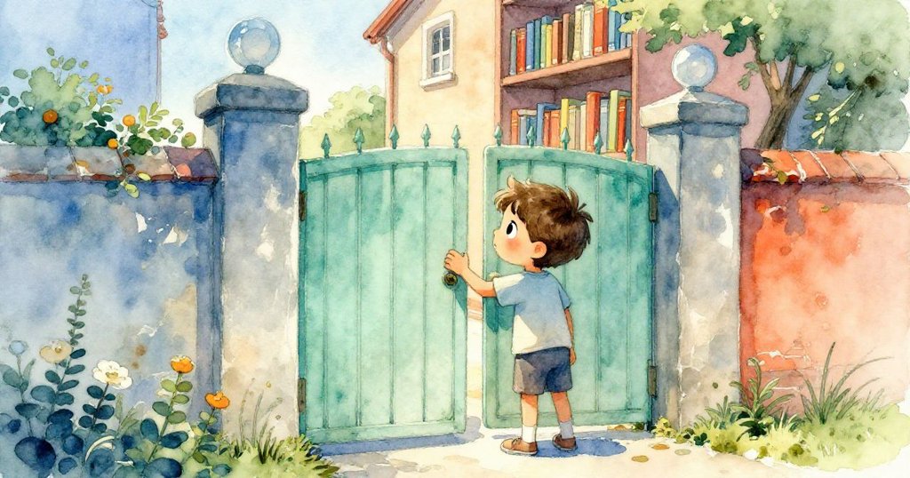 Milo走入圖書館後的狹巷，用手肘輕推半掩的花園大門，身後老圖書館隱約映襯出他充滿希望的眼神。