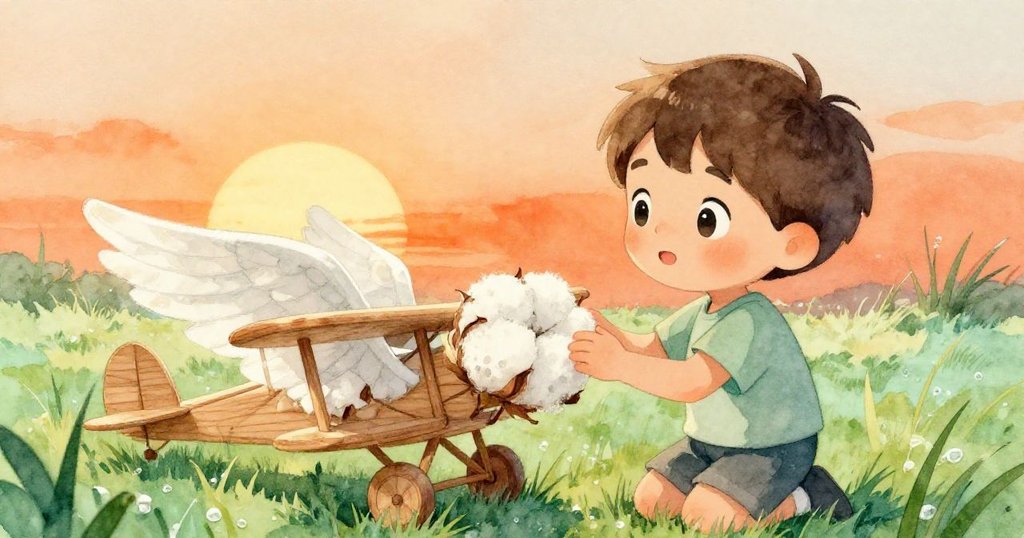 在柔光草地上，Milo仔細檢查包著棉花的飛機翼，彷彿身處夢幻水境中，心中充滿淡淡期待與溫柔。