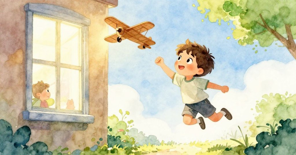 Milo在俱乐部窗前躍起釋放飛機，動感十足，眼神中流露出興奮與些許緊張，活力瞬間充滿整個場景。