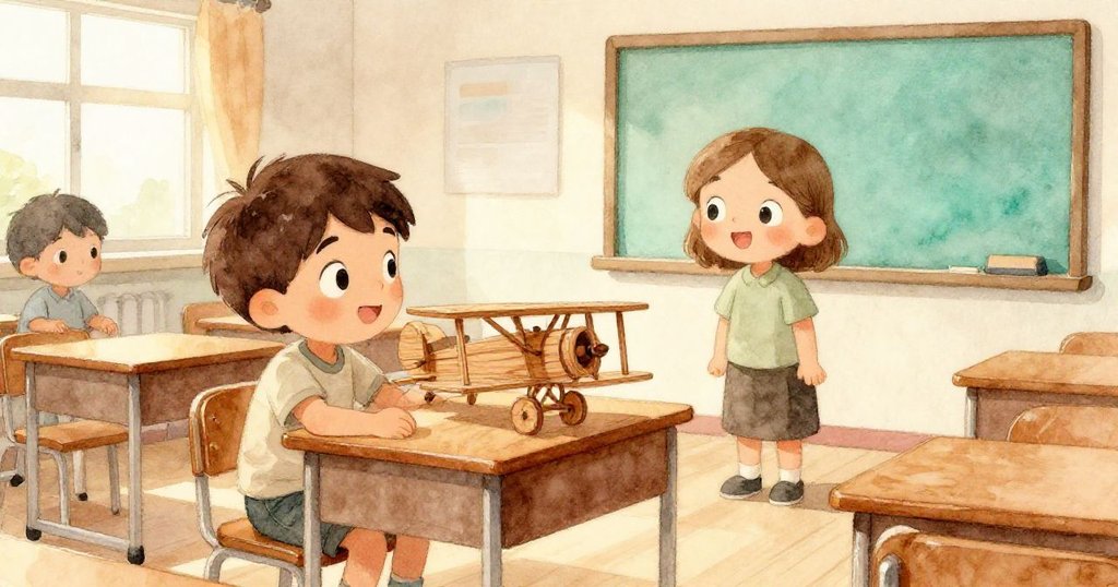 室內溫暖光影下，Milo注視飛機穩落老師桌上，聽見快樂笑聲，臉上充滿驕傲與平靜，展現成功與喜悅。