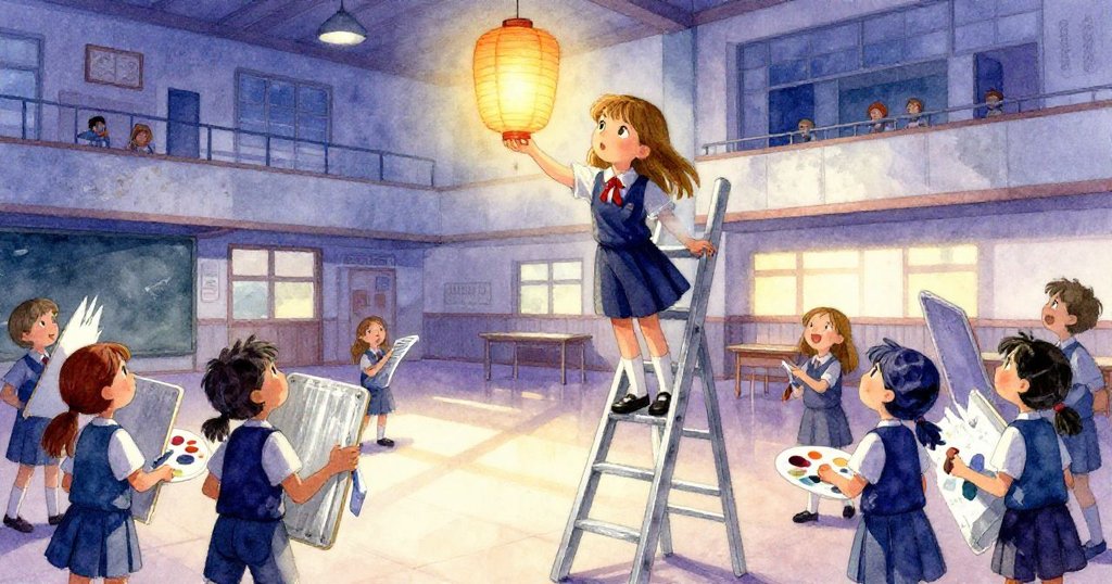 Emma在學校大廳中爬梯子，面帶堅定表情，背景中同學忙著搬運工具，清晨光線溫柔，情節初展。