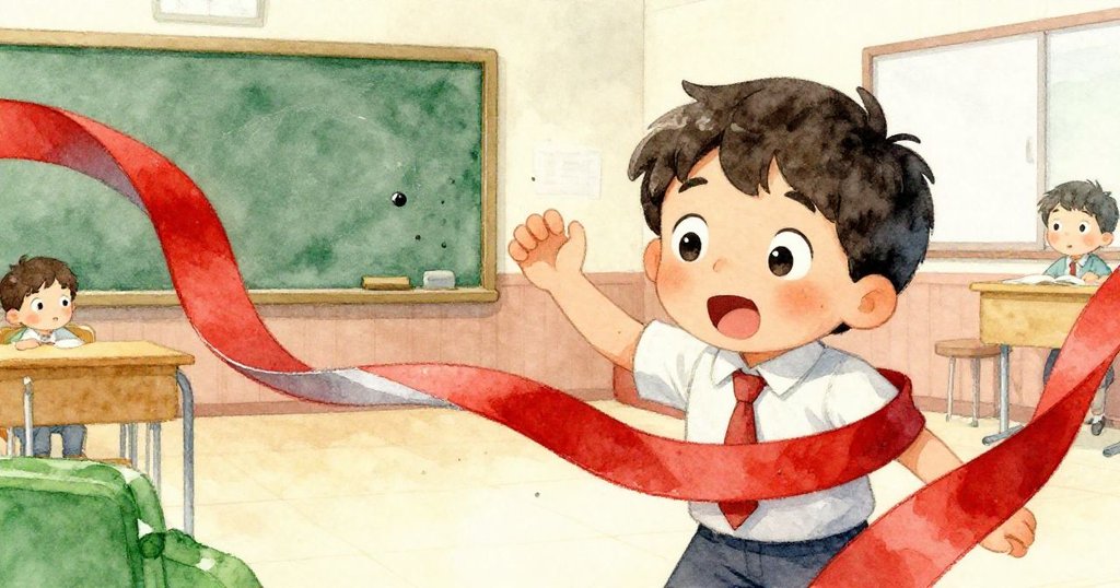 Milo驚訝中被一條鮮豔絲帶意外環抱，絲帶細節豐富，背景隱約呈現學校大廳熱鬧情景，情節發展。