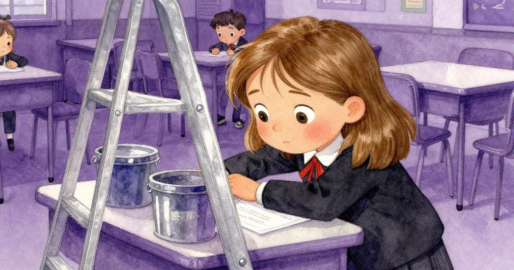 Emma從身後凝視緊靠梯子的桌子與油漆桶，神情專注謀劃對策，室內學校大廳背景細膩展現緊張情緒。