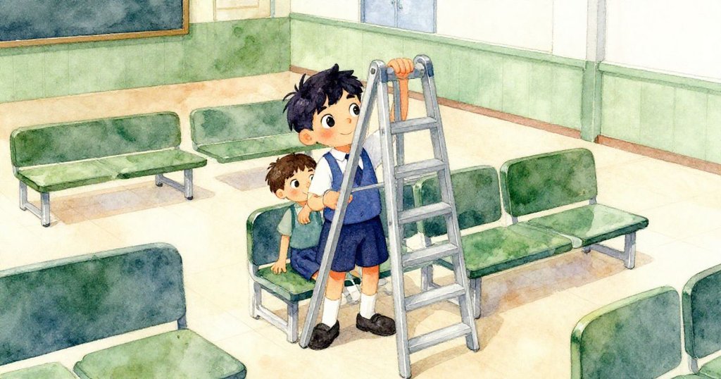 從高處俯瞰，Milo與同學合作將板凳靠近梯子固定穩定，學校大廳內協作氣氛濃厚，情節逐步展開。