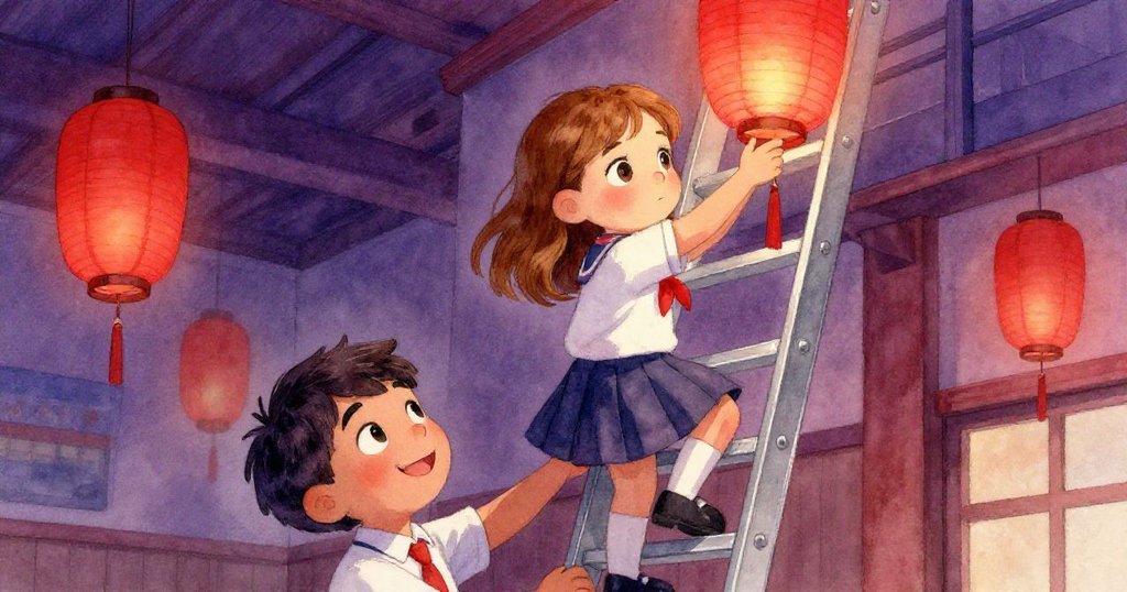 Emma再次攀爬已加固的梯子，神情堅定而略帶焦慮伸手勾住吊燈，Milo在下面點頭鼓勵，緊張情節達到高潮。