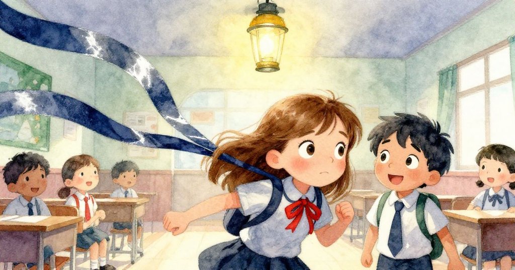 燈籠安穩懸掛，絲帶隨吊扇風起舞，Emma與Milo及同學面露喜悅放鬆，故事最終步入平靜溫馨結局。